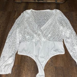 SHEIN leopard jacquard lantern sleeve, overlap collar, satin bodysuit